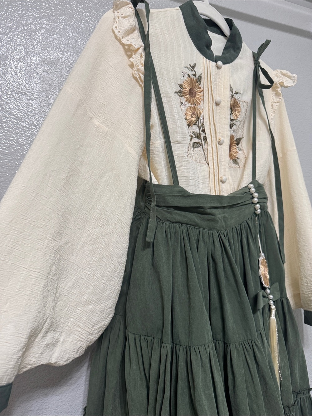 Cream & Olive Floral Embroidered Long Sleeve Dress with Suspender Skirt - Picture 5 of 16